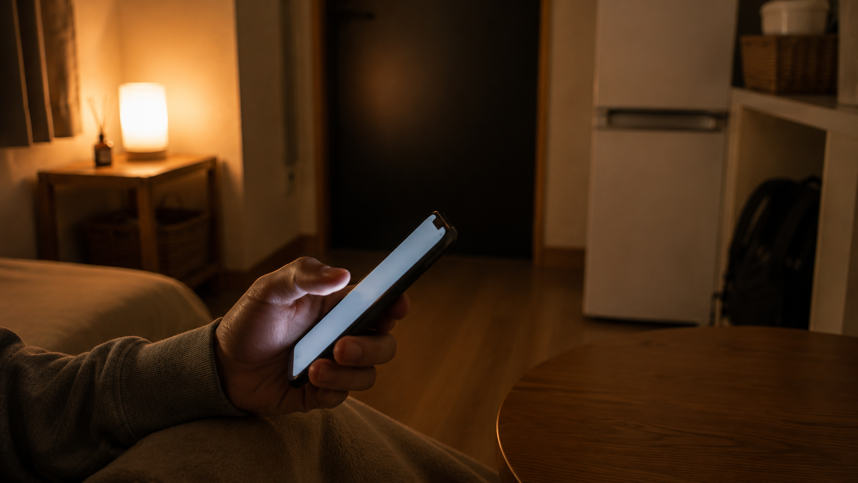 夜、部屋の中でスマホを持つ手元。画面は光っているが文字は読めない