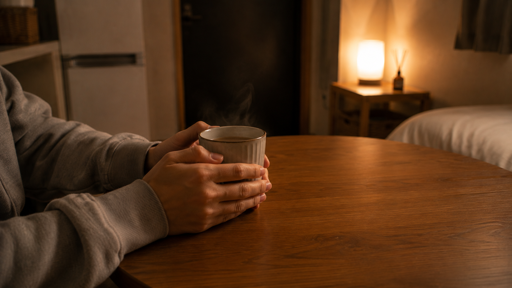 夜、部屋の中で湯呑みを両手で持ったまま動きが止まっている手元