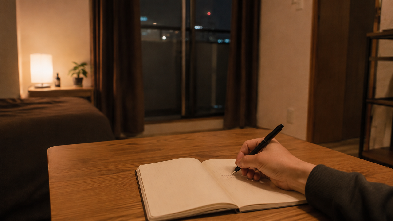 同じ夜のテーブルで、開いたノートに手が一言だけ書き留めている