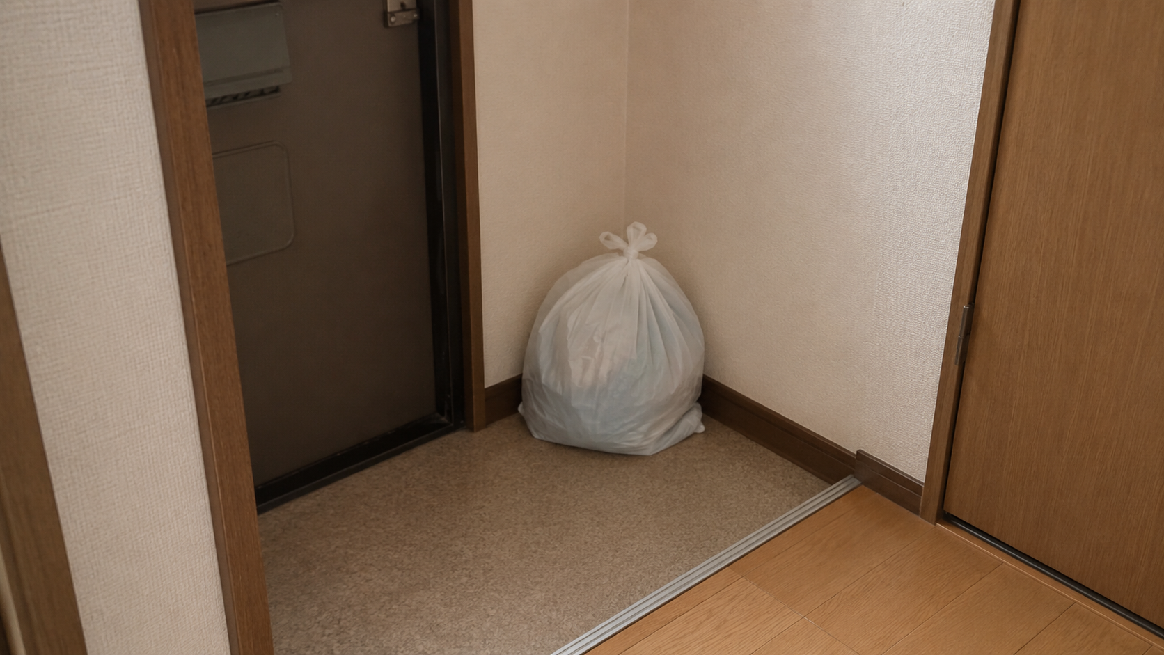 玄関の隅に置かれたゴミ袋