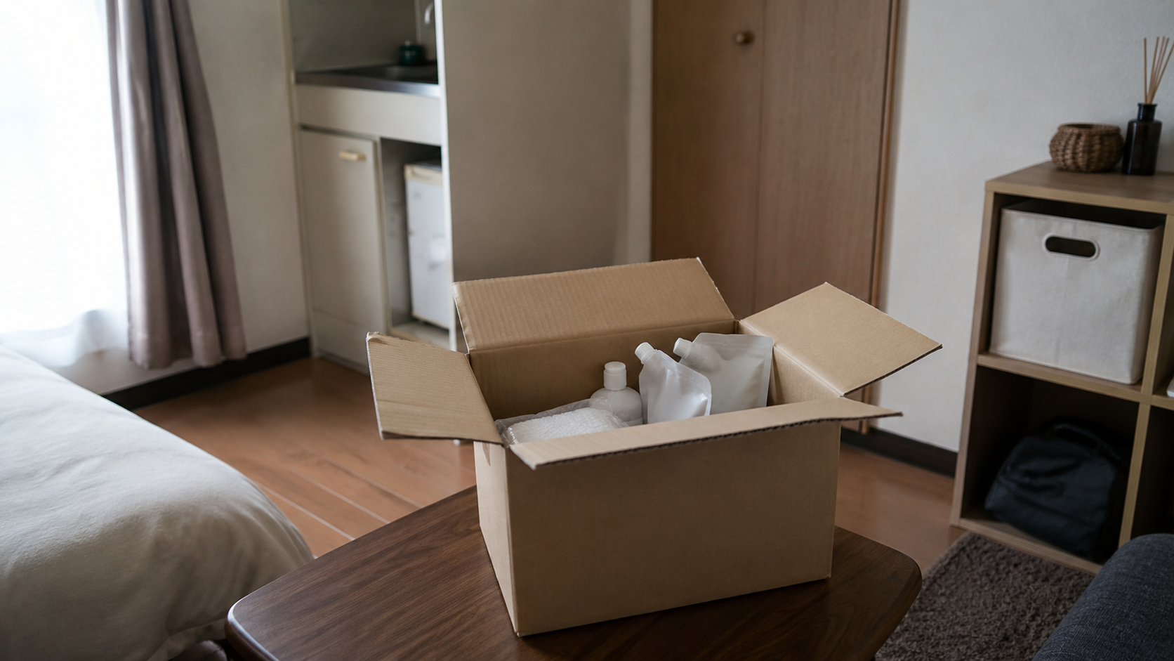 一人暮らしの部屋。テーブルの上に開けたばかりの段ボール箱が一つあり、無地の詰め替え用パックが少しだけ入っている