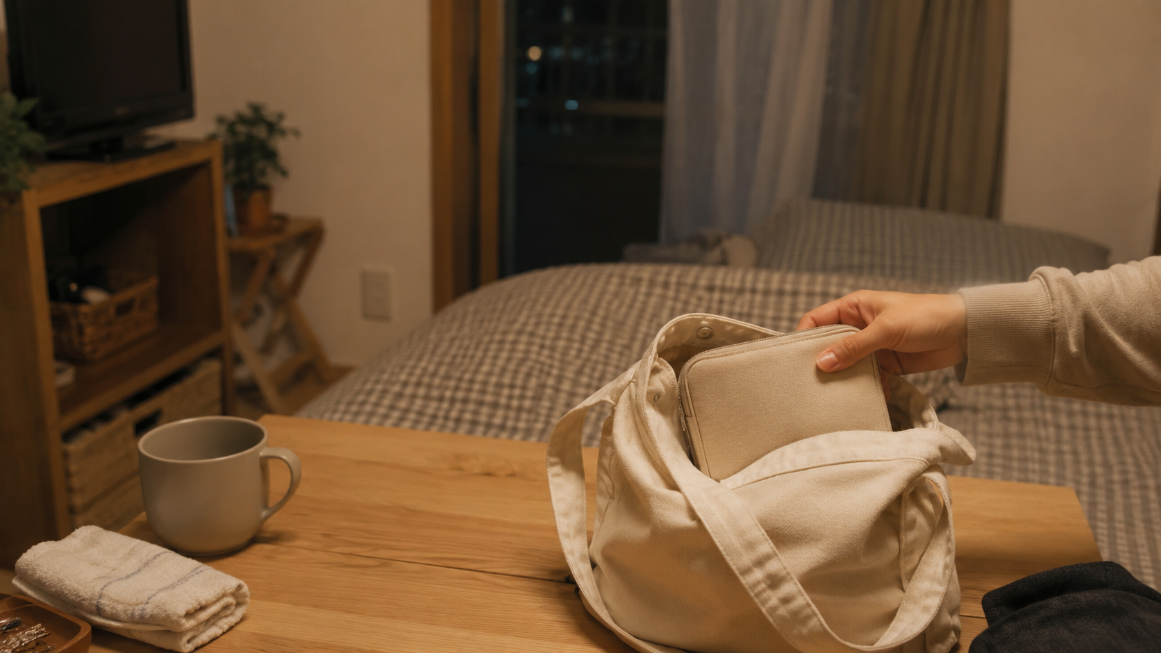 夜の部屋。木のテーブルの上で、明日の支度としてカバンに物を入れている手元。横にマグカップとタオル