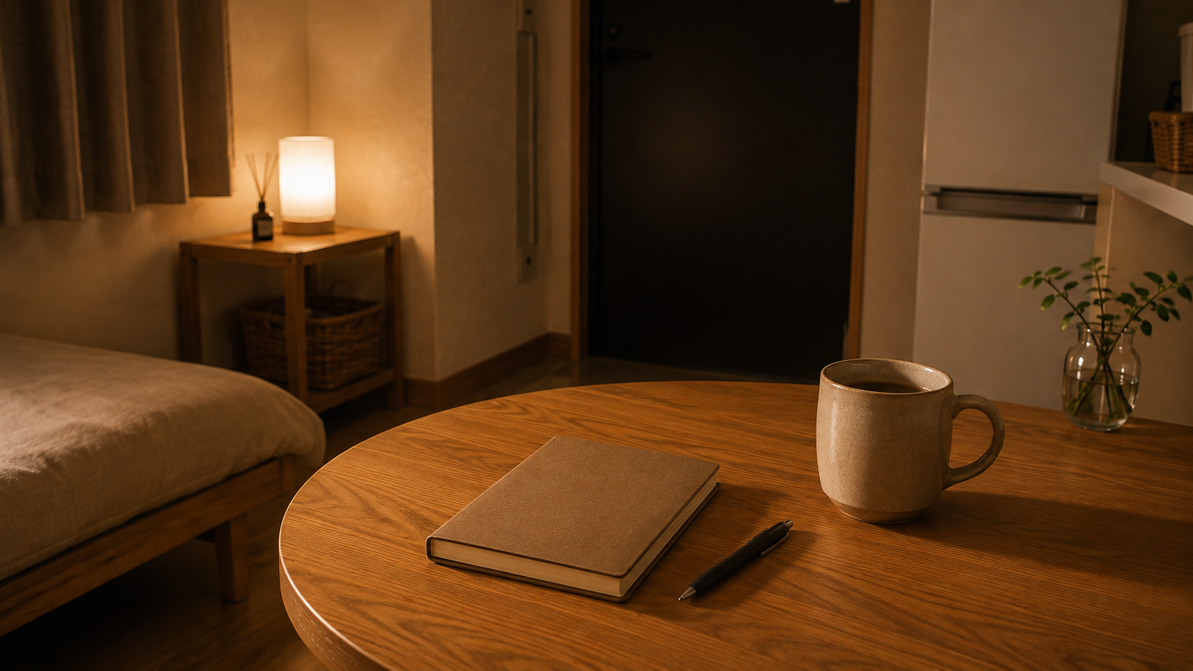 同じ部屋で、湯気が消えたマグカップが置かれたテーブル