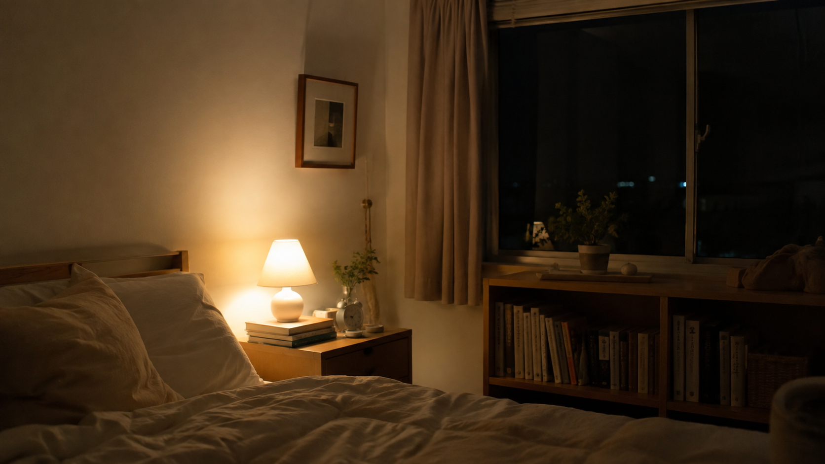 夜の部屋。窓辺に小さな明かりが一つ灯り、外は暗くなっている