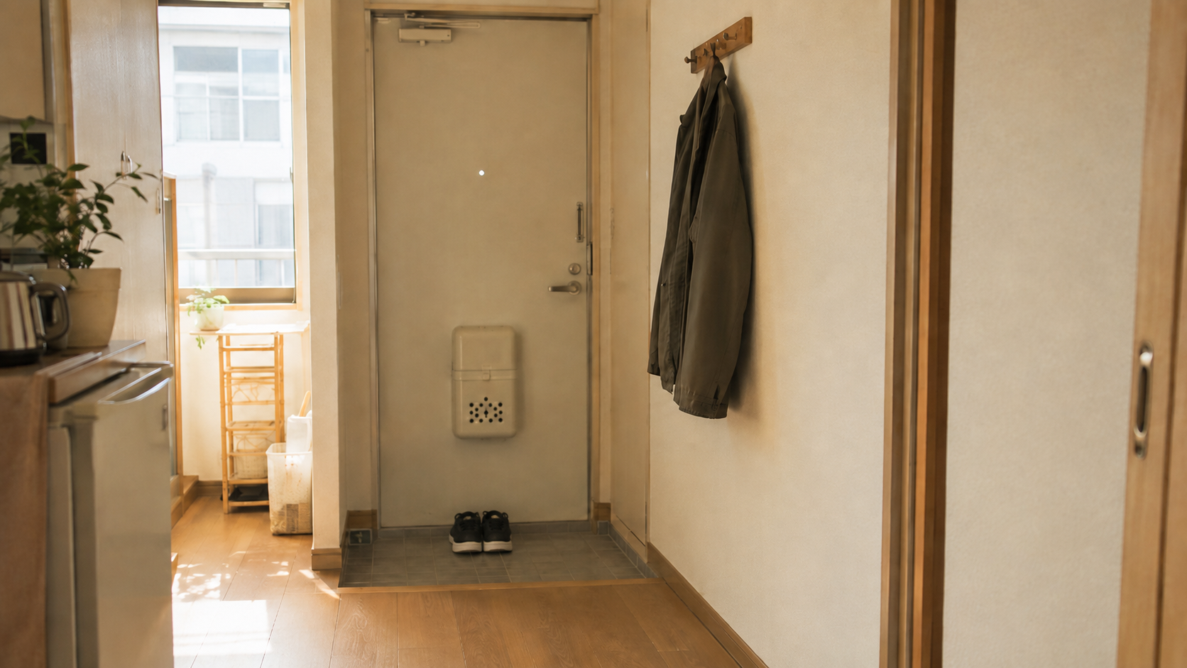 朝の玄関、壁のフックにアウターが一着かけられ、足元に靴が一足そろえて置かれている様子