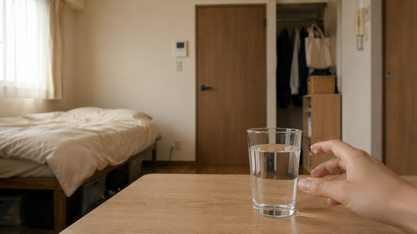 翌朝の同じ部屋。カーテンから光が入り、木のテーブルに置かれた水の入ったコップへ手を伸ばしている