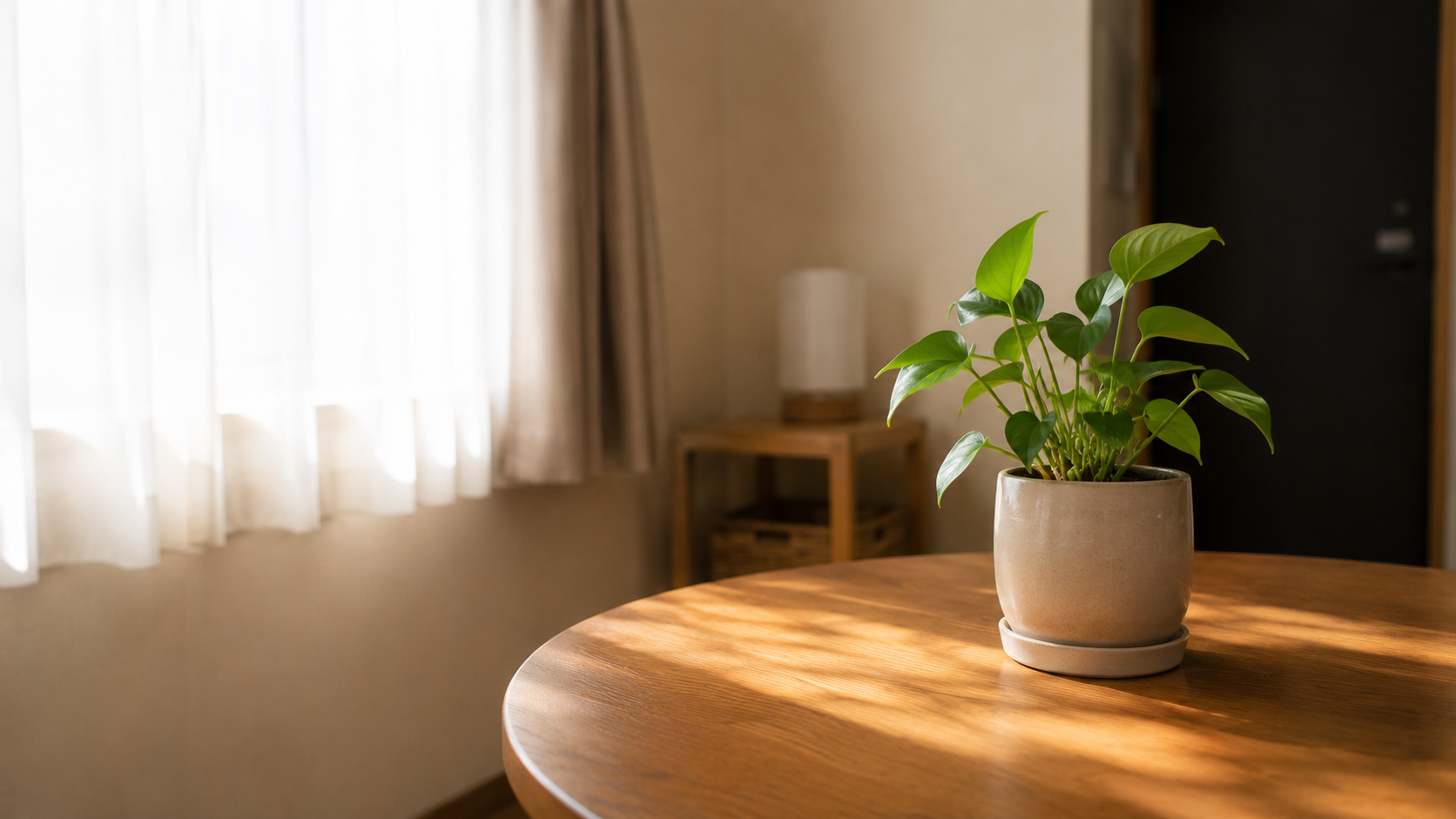 朝、窓からの光が差し込むテーブルの上に置かれた観葉植物
