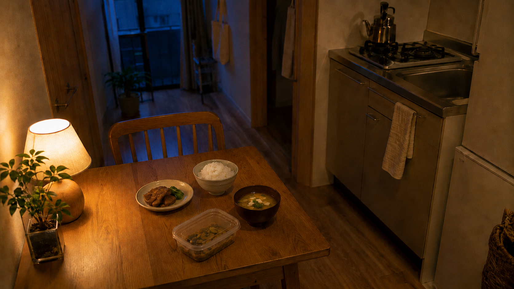 夕方の一人暮らしの台所。一人分の器と作り置きの保存容器が置かれた、現実的な食卓まわり