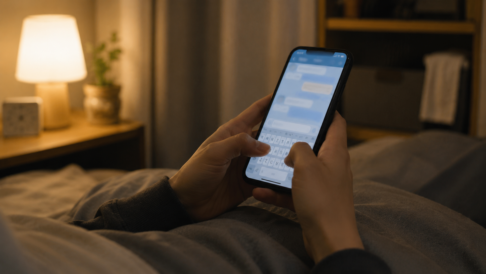 夜の部屋でスマートフォンを両手で持つ手元
