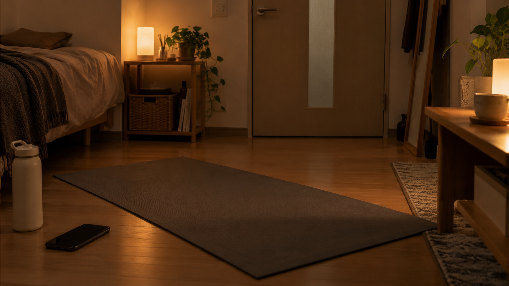 就寝前のストレッチマットと間接照明のある狭い部屋の様子