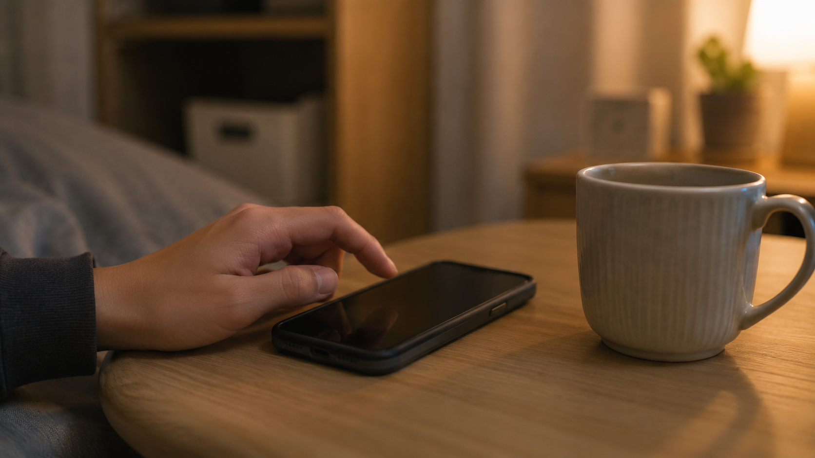 テーブルに伏せて置かれたスマートフォンとマグカップ
