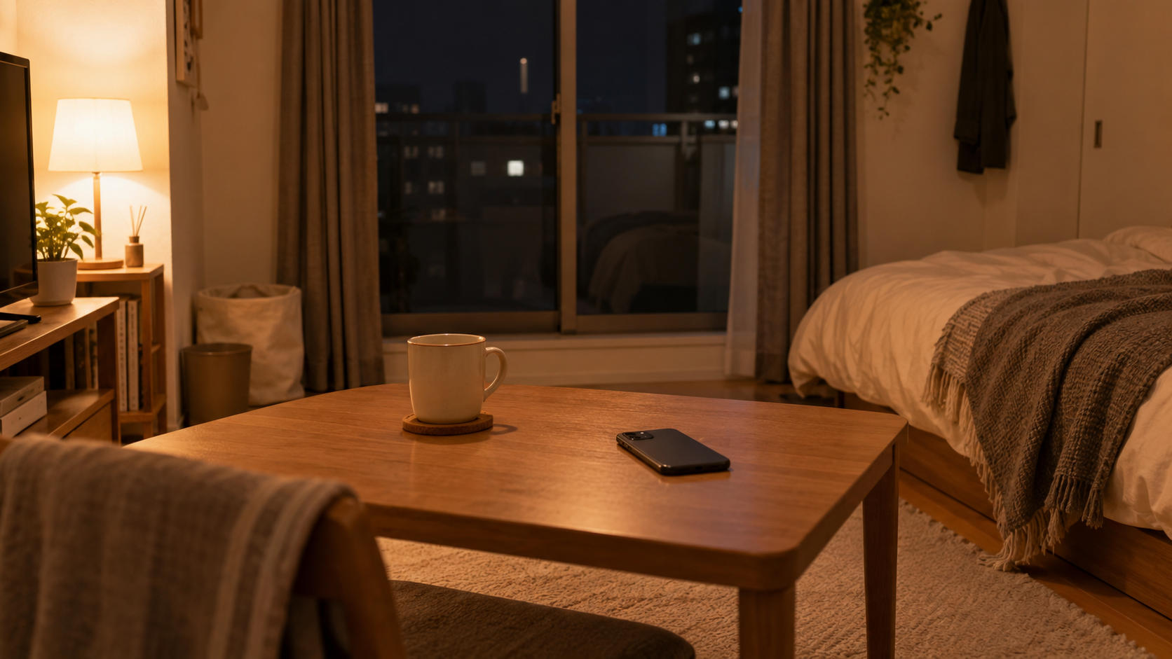 夜の部屋、テーブルに置かれたマグカップと伏せたスマホ