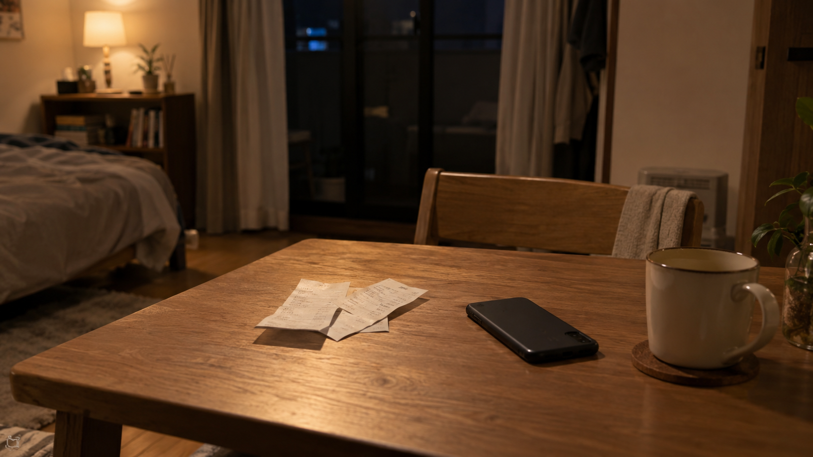 夜の部屋、テーブルのレシートと伏せたスマホ