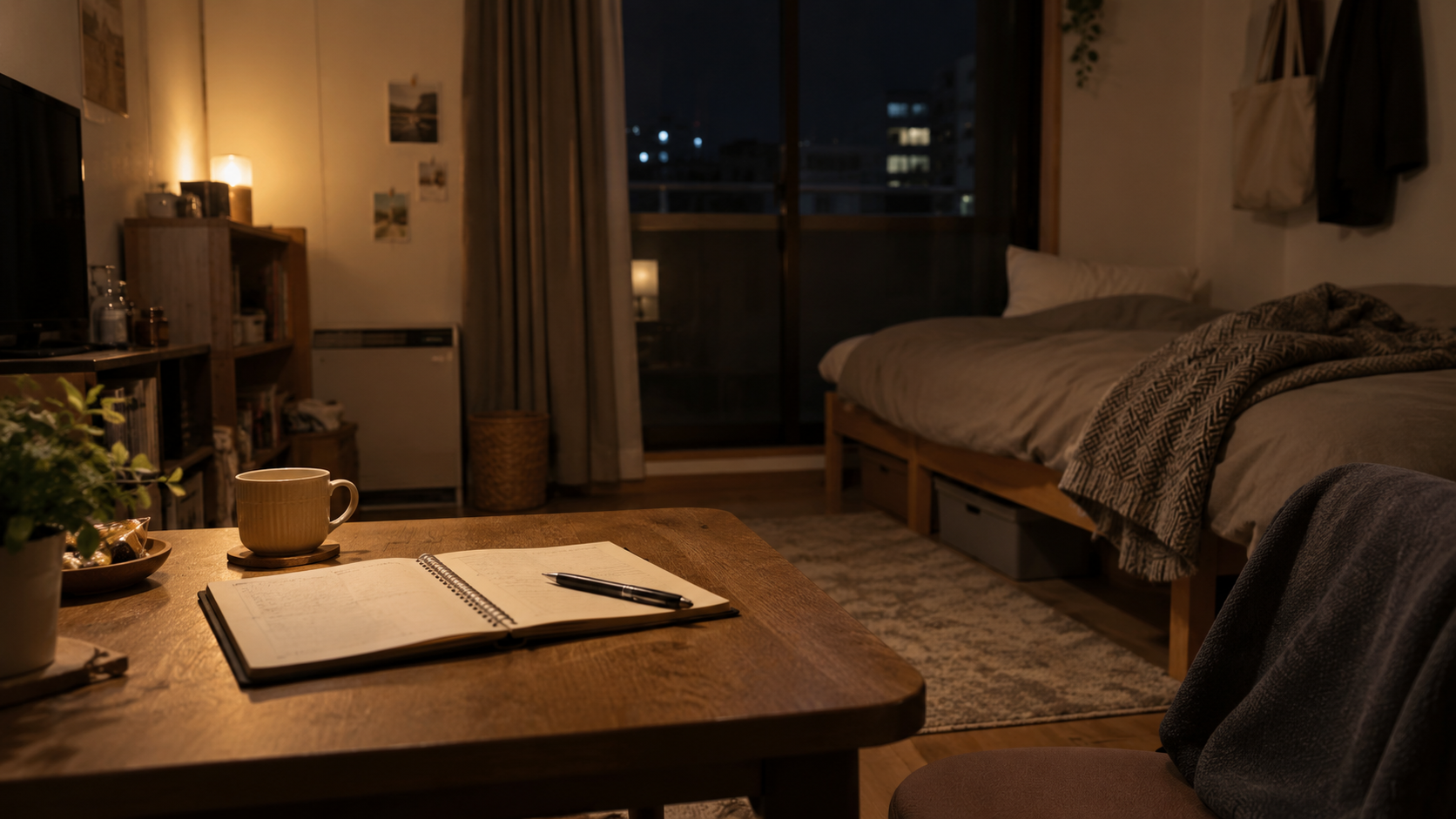 夜の部屋、テーブルに開いたノートと止まったペン