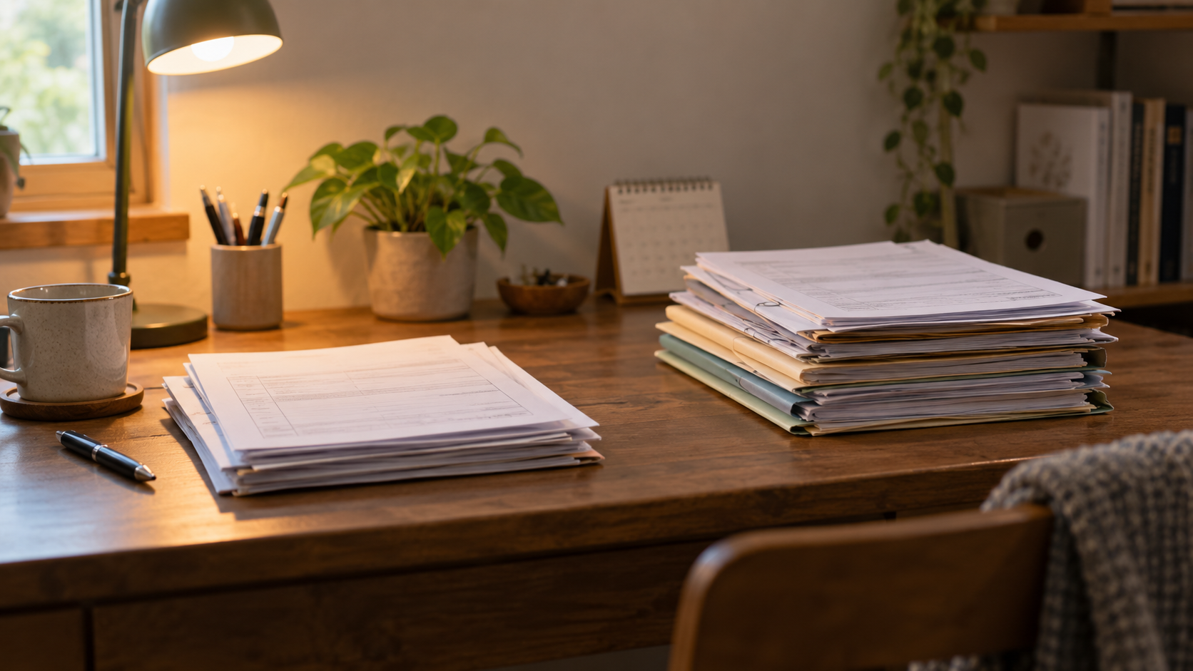 デスクの上で書類が今すぐ使う物とあとで使う物に仕分けられている様子
