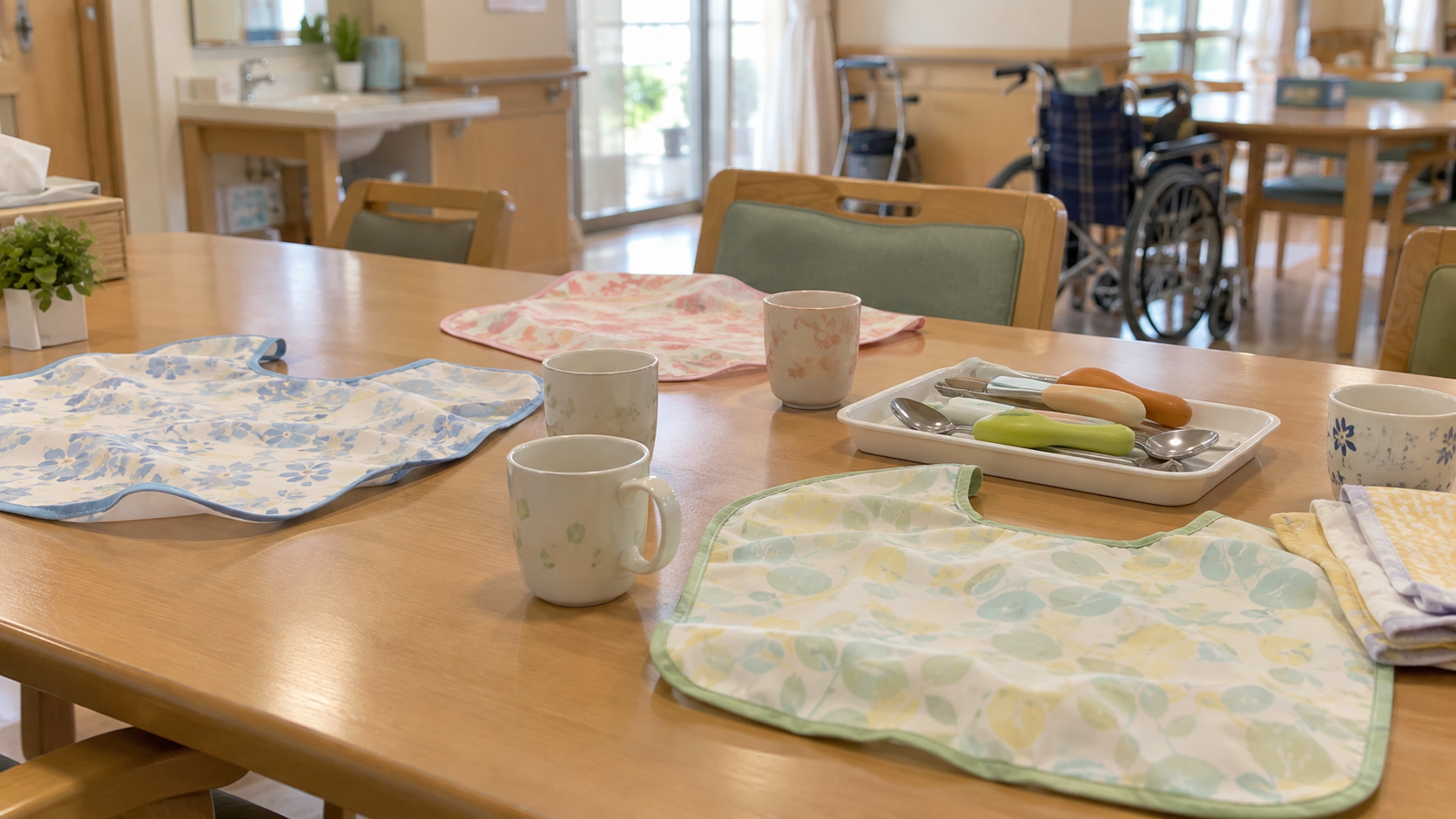 食事前の準備が整っていない介護施設の食堂のテーブル