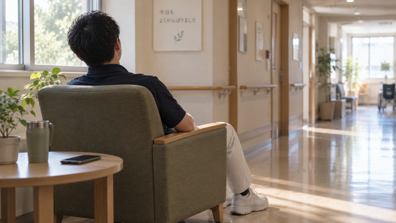 廊下の一人掛け椅子に座り、目を閉じて休む後ろ姿