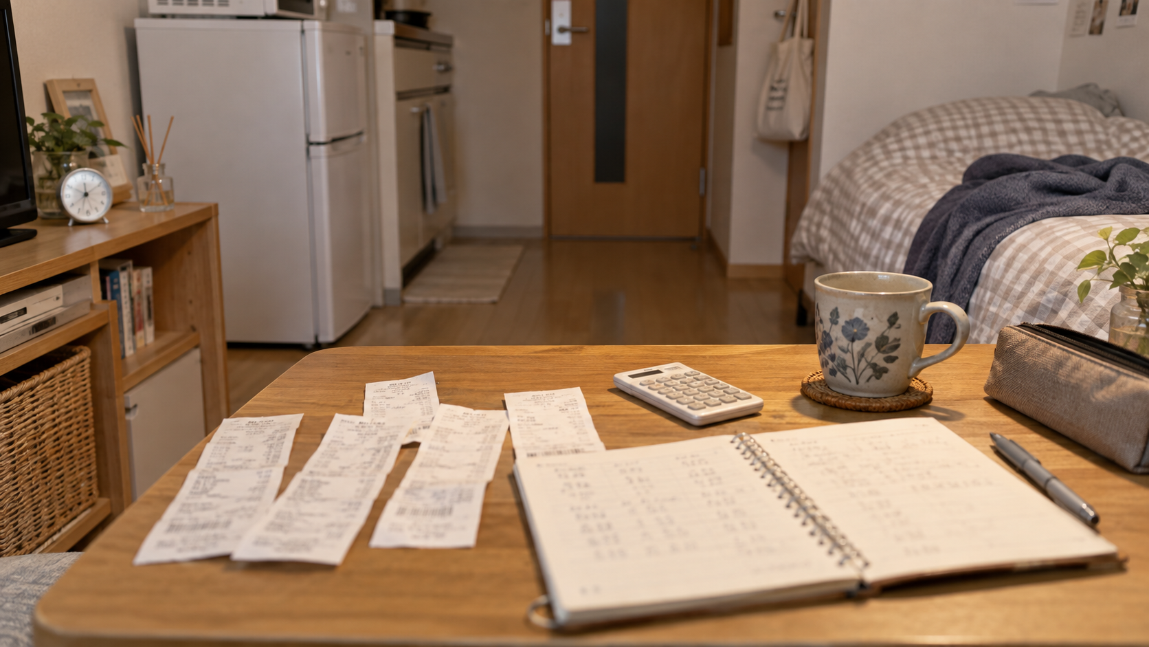 テーブルに並べたレシートを家計簿に書き写している途中の様子