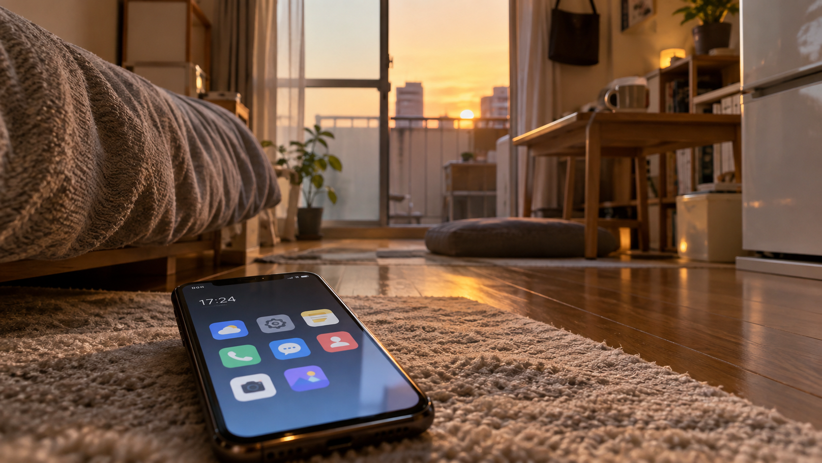 夕方の部屋に置かれた、整理されたホーム画面のスマートフォン