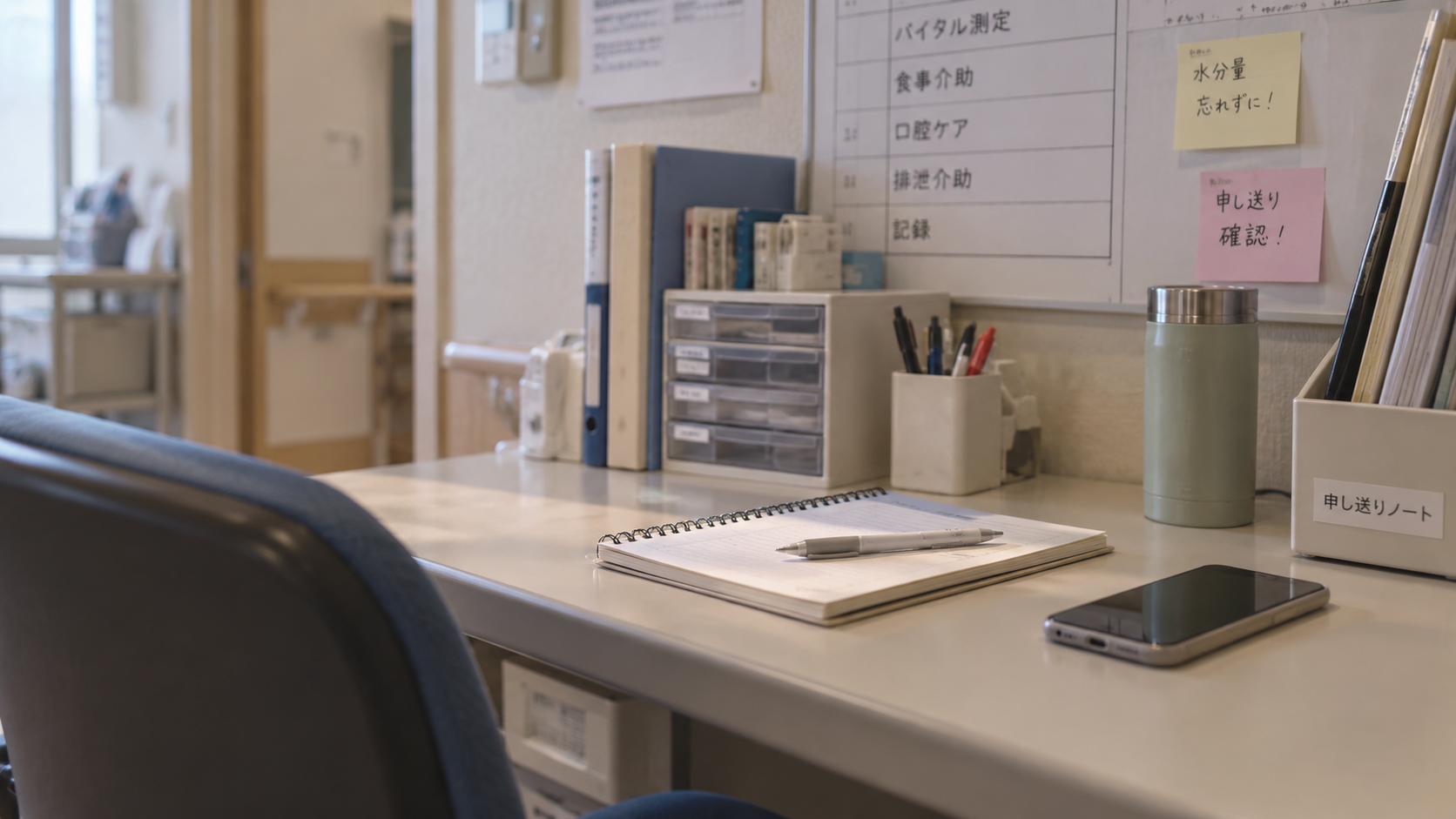 休憩から戻り、ノートとペンが整った落ち着いた詰所の机