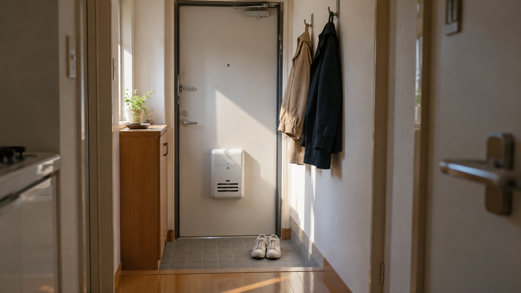 狭い玄関のフックに掛かった上着2着と、足元の靴