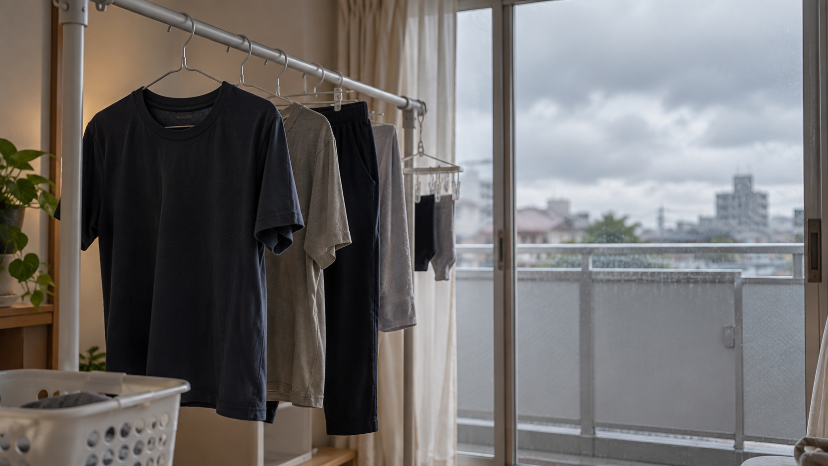 曇り空の窓辺の室内物干しに掛かった洗濯したての服