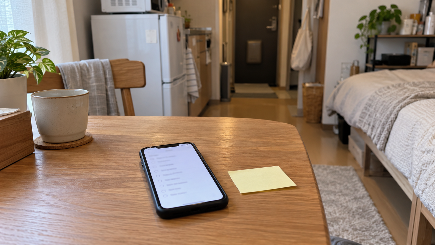 テーブルに置かれたスマホと付箋が1枚