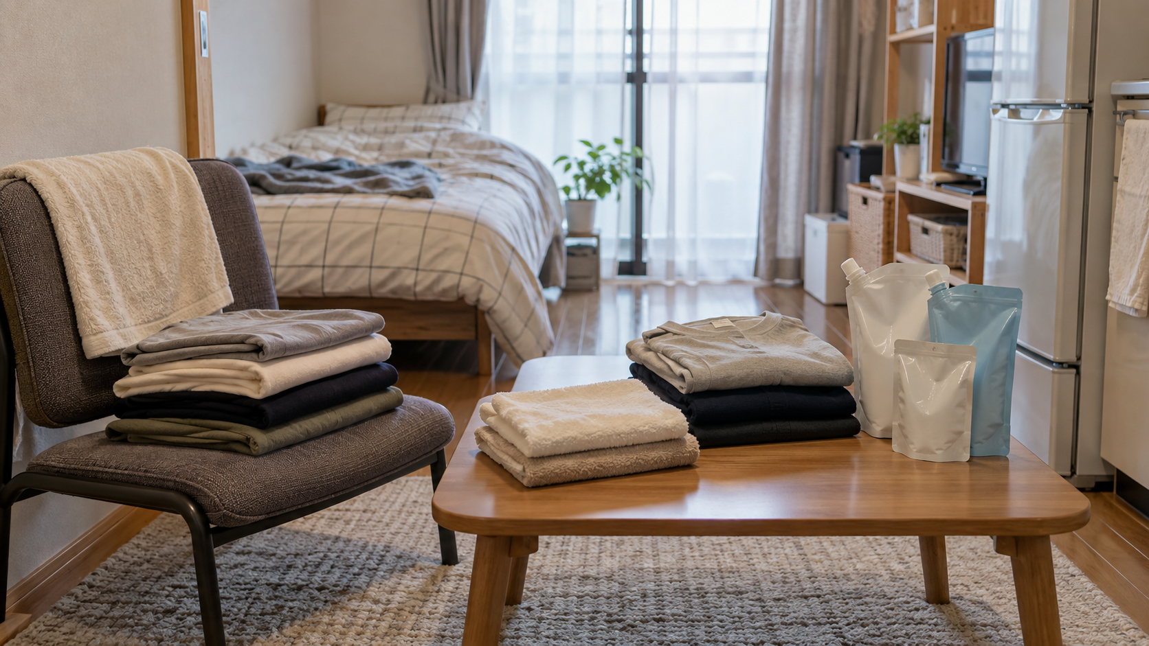 狭い部屋のローテーブルと椅子の上に、たたんだ無地の服とタオル、日用品の詰め替えパックが置かれている