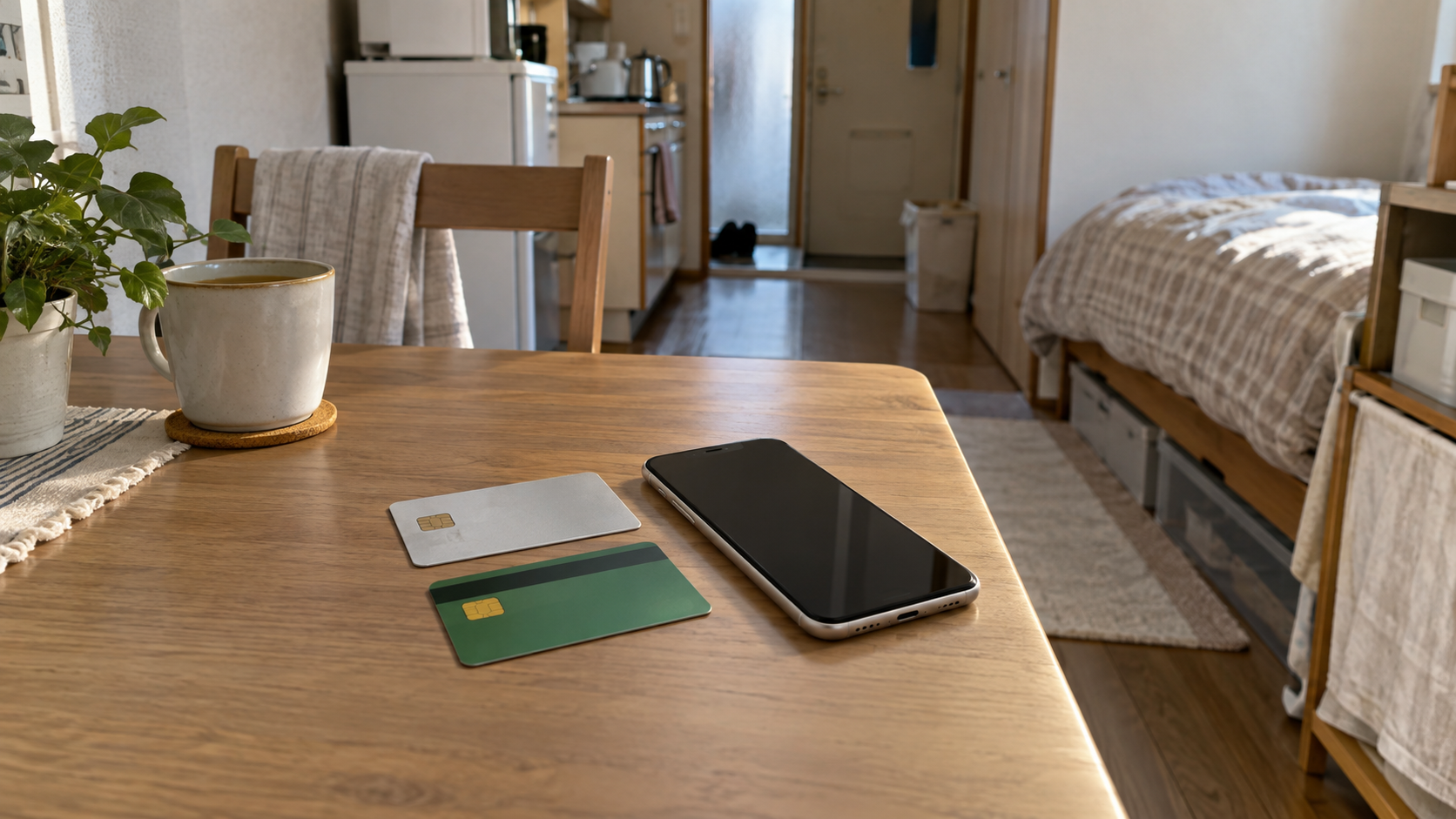 テーブルに置かれたクレジットカードとキャッシュカード、スマートフォン