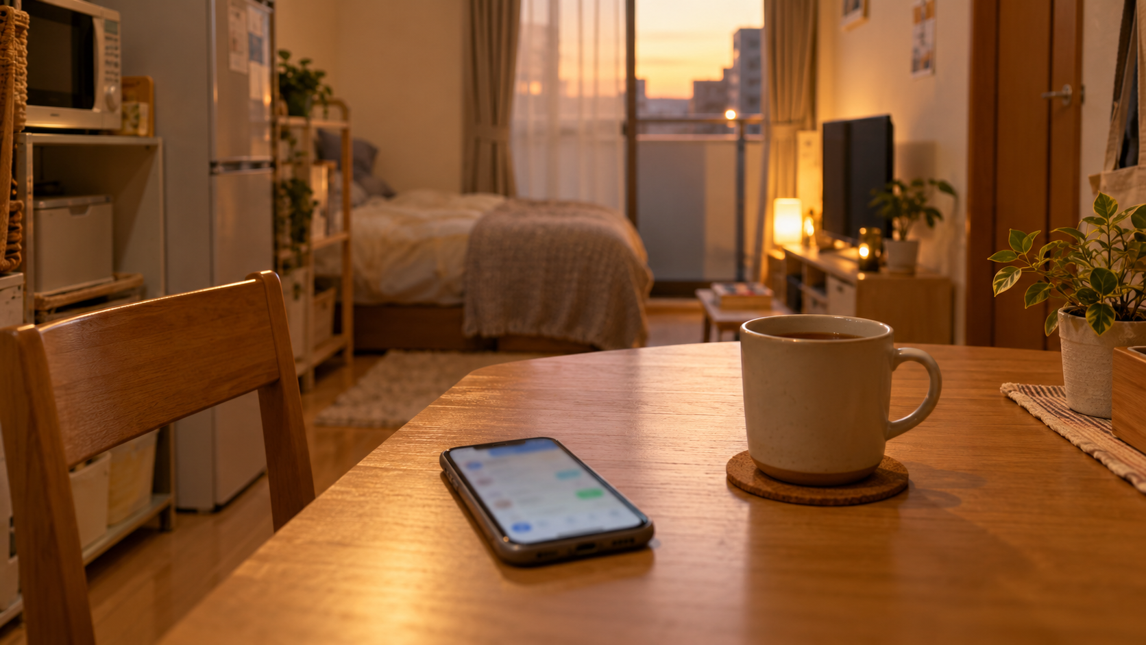 夕方の部屋でスマートフォンとマグカップが置かれた落ち着いた様子