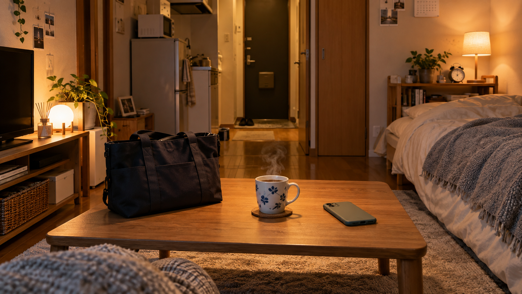 夜の一人暮らしの部屋で、ローテーブルの上に仕事用のトートバッグと湯気の立つマグカップ、スマホが置かれている