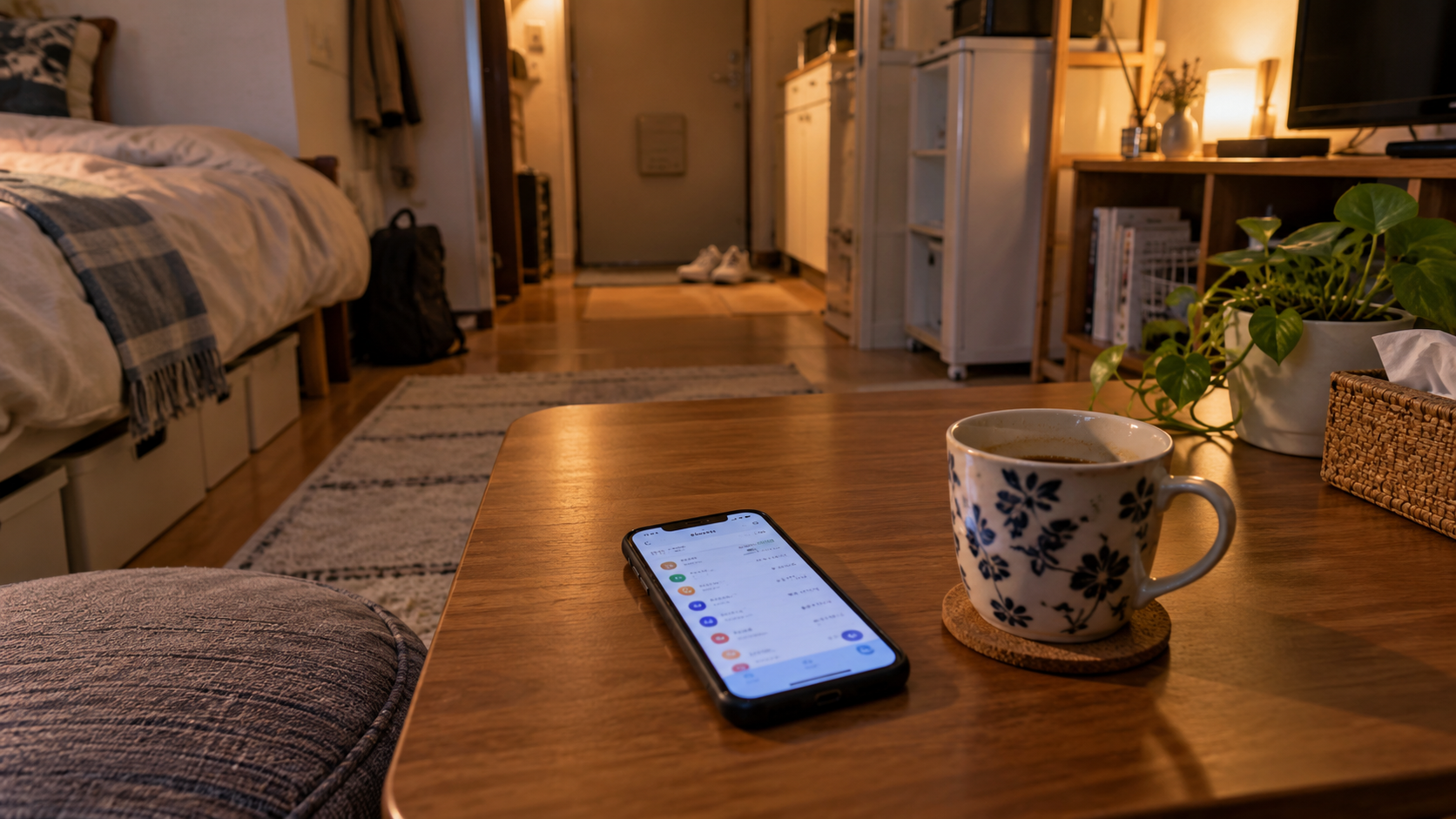 狭い部屋のローテーブルの上に、家計アプリの一覧を映したスマホとマグカップが置かれている