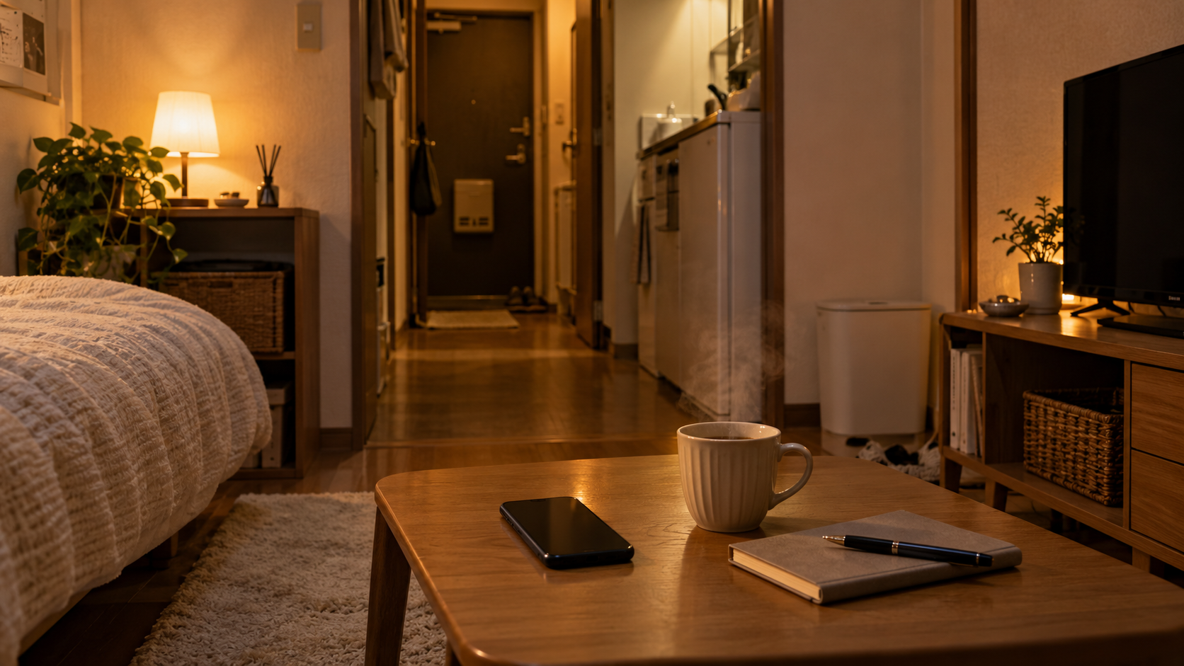 夜の一人暮らしの部屋で、ローテーブルの上に画面を消したスマホとノート、ボールペン、湯気の立つマグカップが置かれている