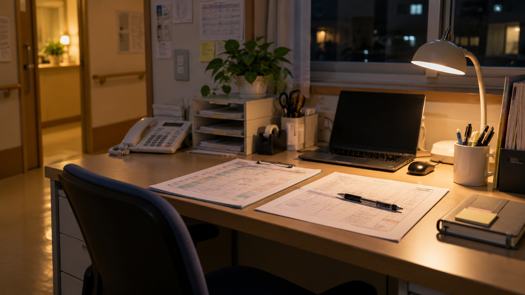 夜間の事務スペースの机の上に、書類と資料が広げられ、書類の上にペンが置かれている