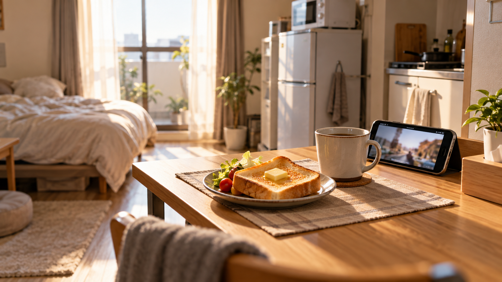 休日の朝、小さなテーブルに朝食のトーストとマグカップが置かれ、スマホで動画が流れている