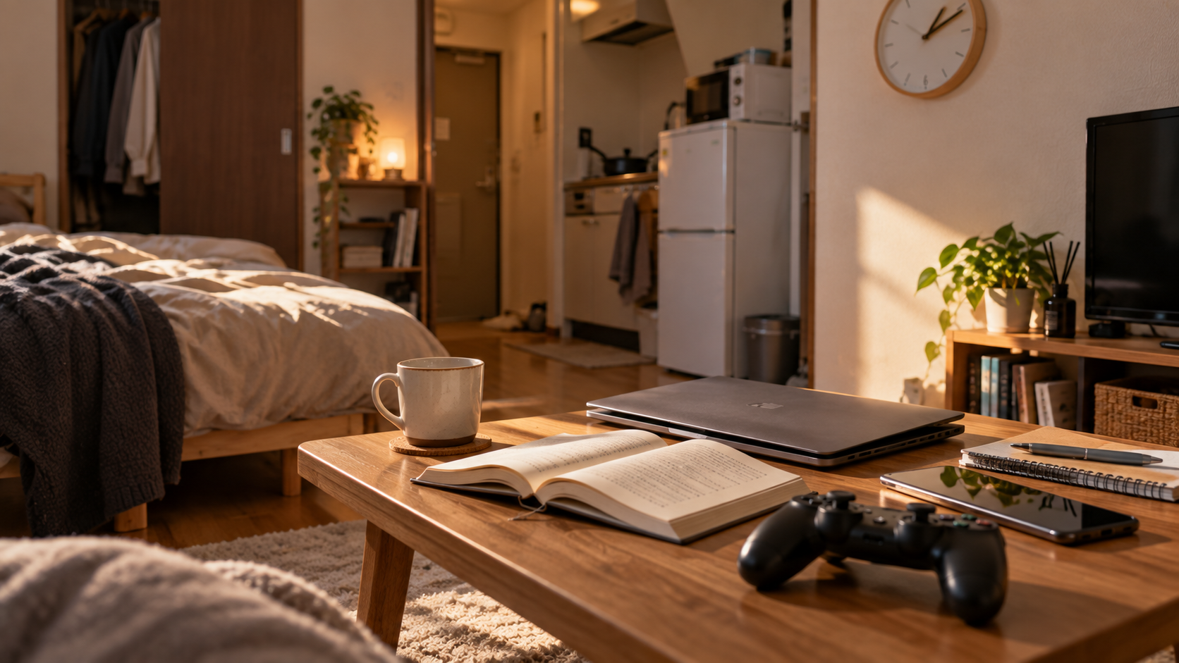 昼過ぎの部屋のローテーブルに、開いた本、閉じたノートパソコン、ゲームのコントローラー、スマホが並び、壁の時計が見える