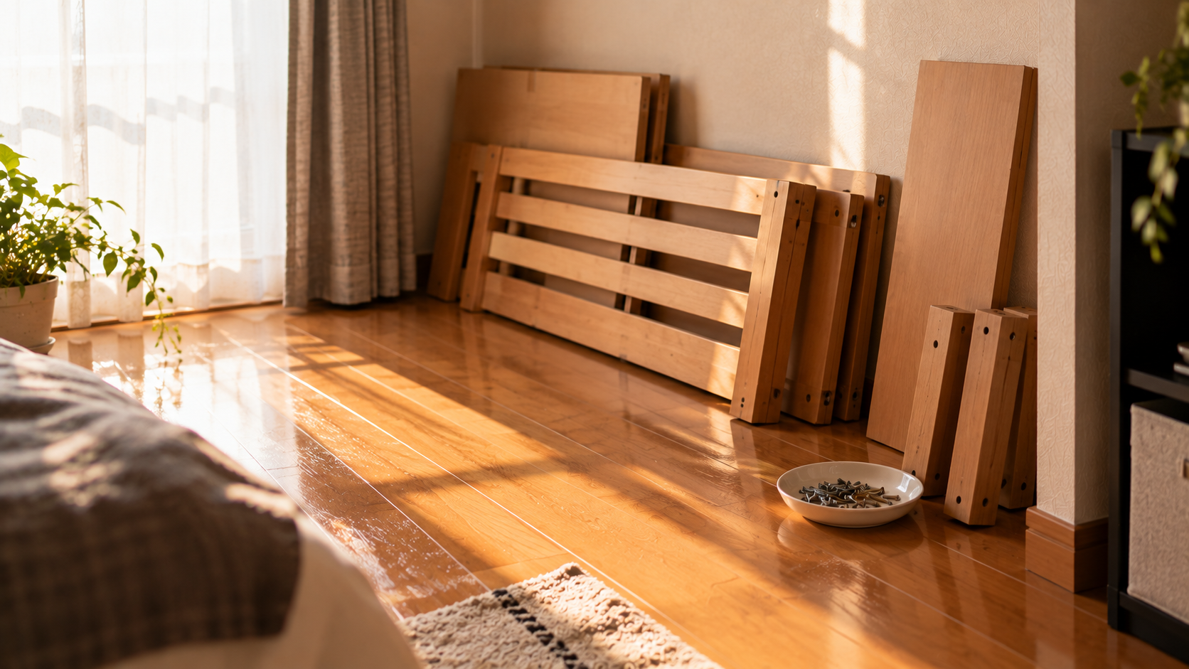 分解した家具のパーツが壁際に寄せられた部屋