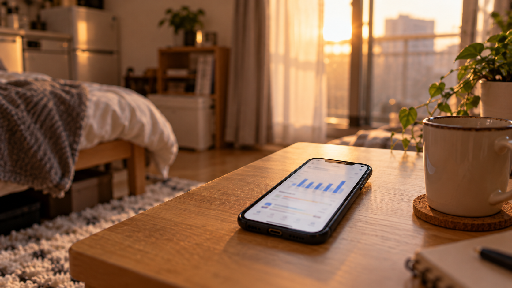 テーブルに置かれたスマホに、使用時間の棒グラフの画面が表示されている