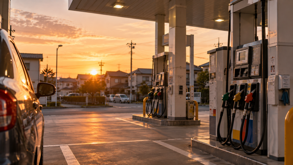 夕方の住宅街にある小さなガソリンスタンド