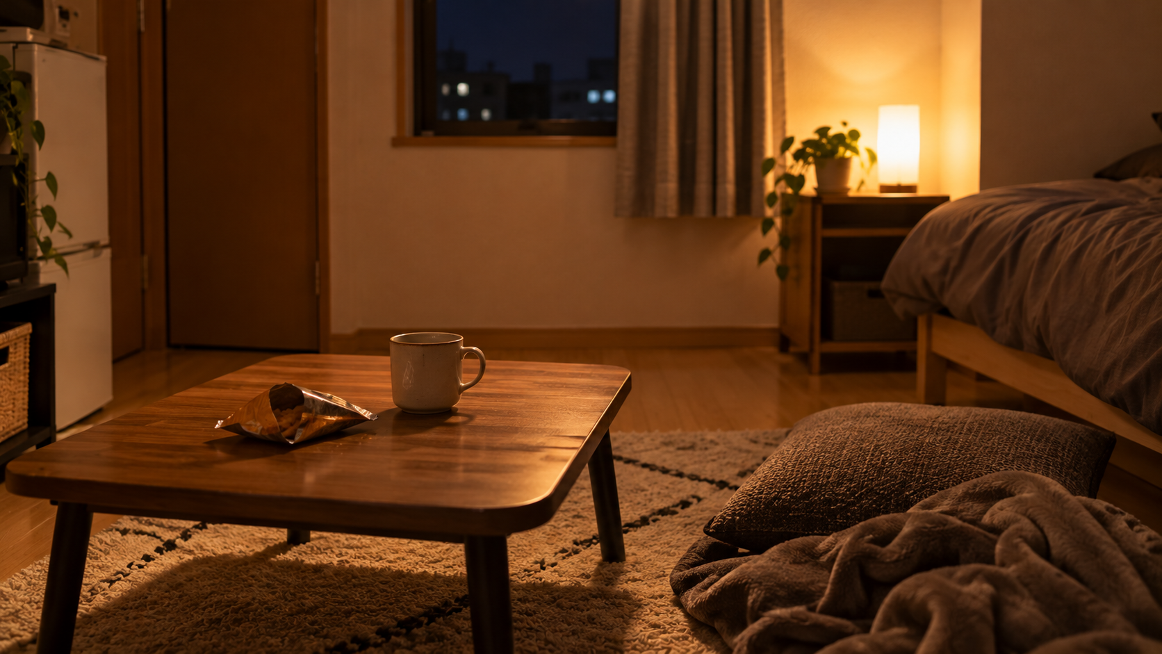 夜、窓の外が暗くなった一人暮らしの部屋。暖色の小さな灯りと、飲み終えたマグカップ、ブランケット