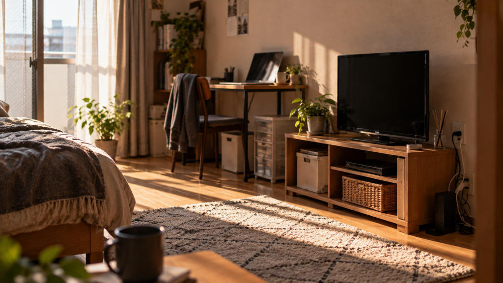 昼の部屋で、画面が真っ暗なままのテレビ