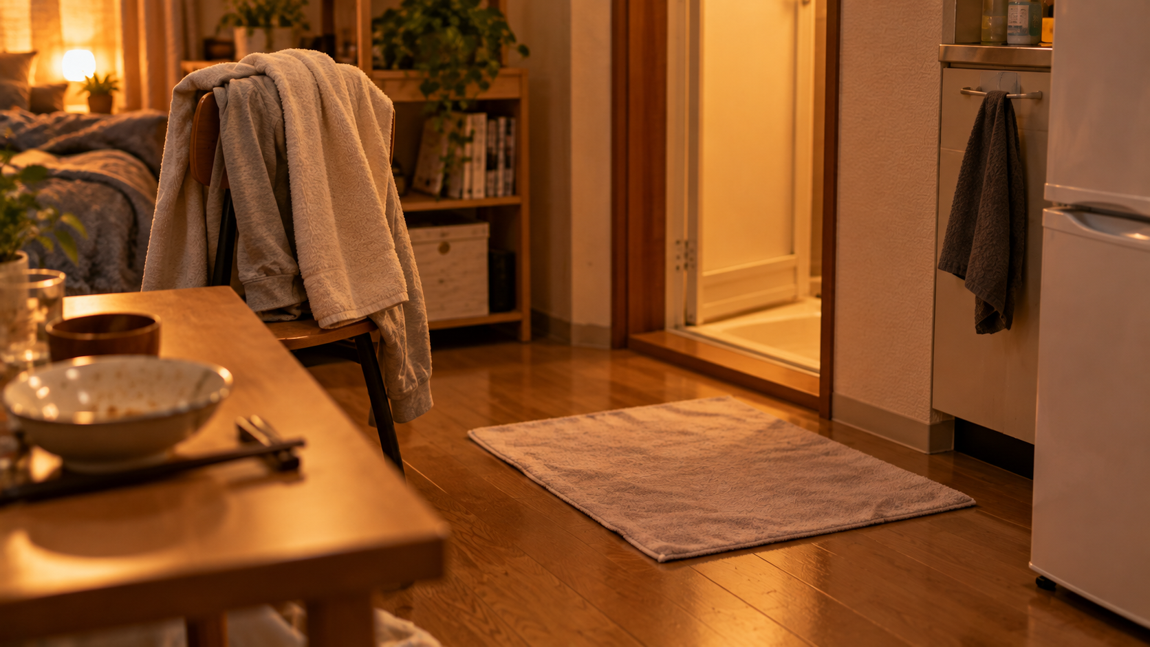 夕食後の部屋の床に敷かれたタオルと、椅子に掛かった上着。奥にお風呂場の入口が見える