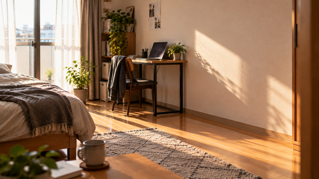 朝の光が入る部屋の、テレビがあった壁際