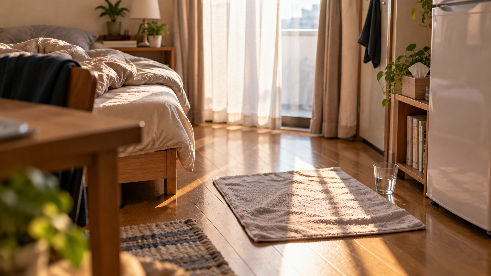 朝の光が差し込む部屋の床に敷かれたタオルと、水の入ったコップ