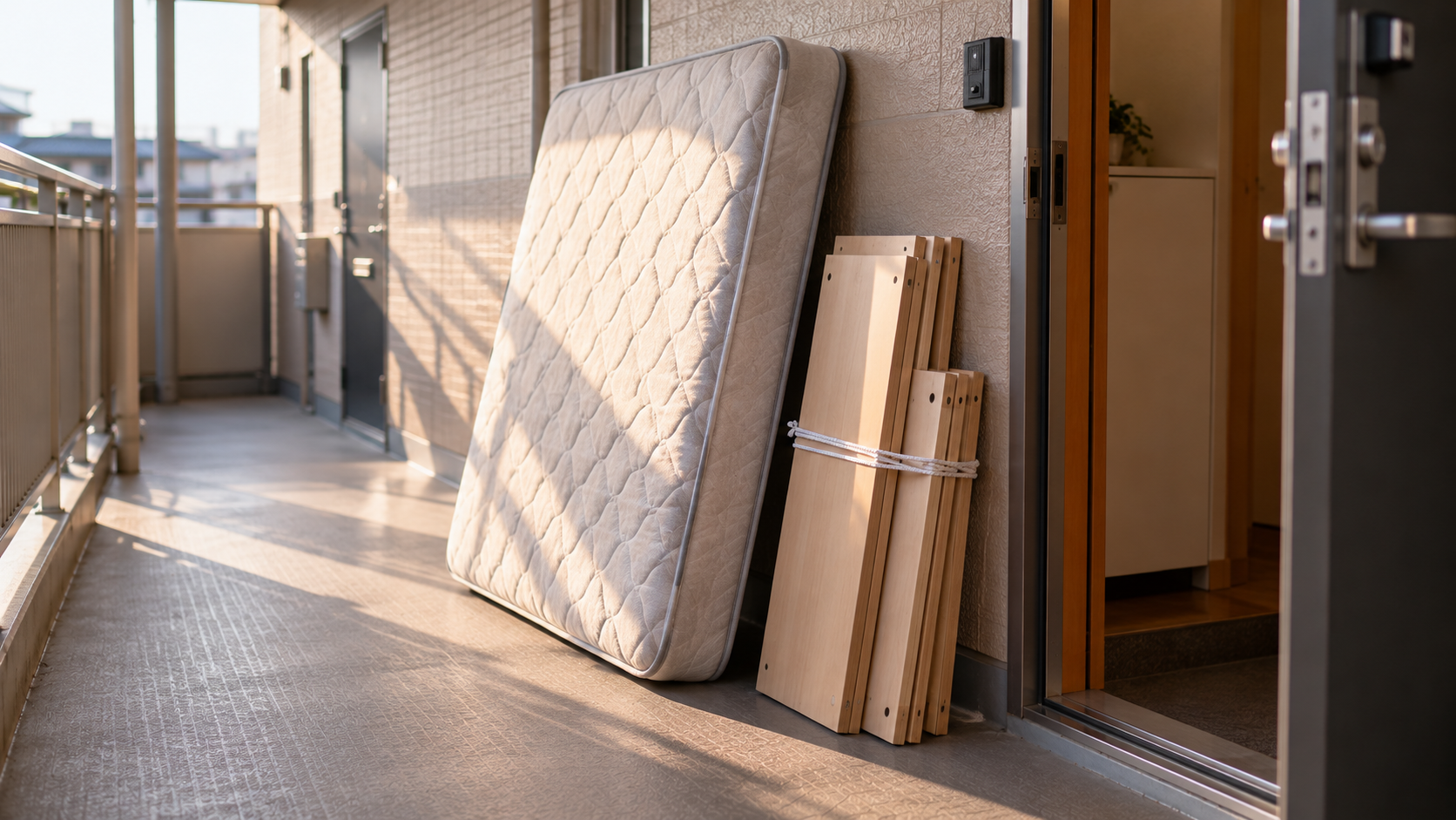 玄関先に立てかけられた大きなマットレスと、束ねた棚の板