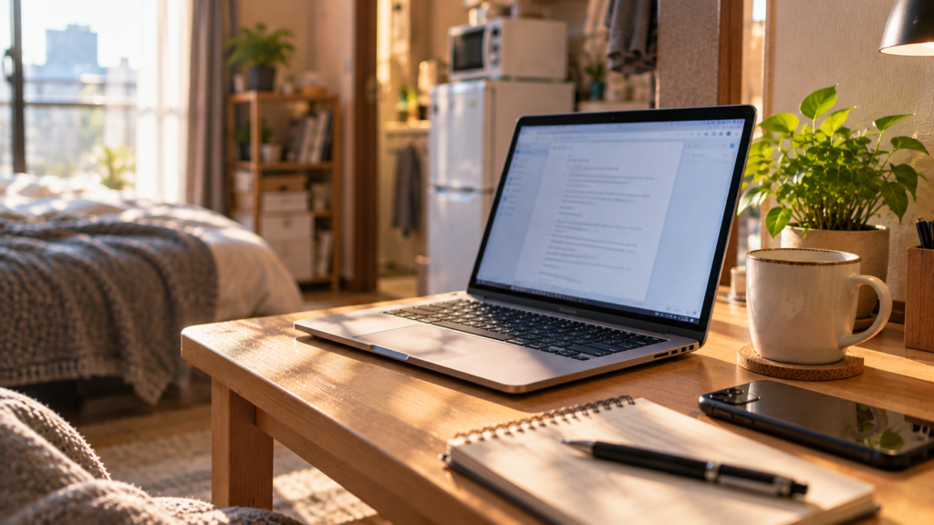 朝の光が入る片付いたデスクとノートPC