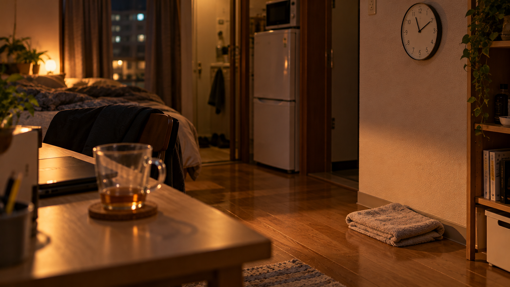 夜の部屋の床に畳まれたまま置かれたタオルと、机の上のコップ。壁には掛け時計