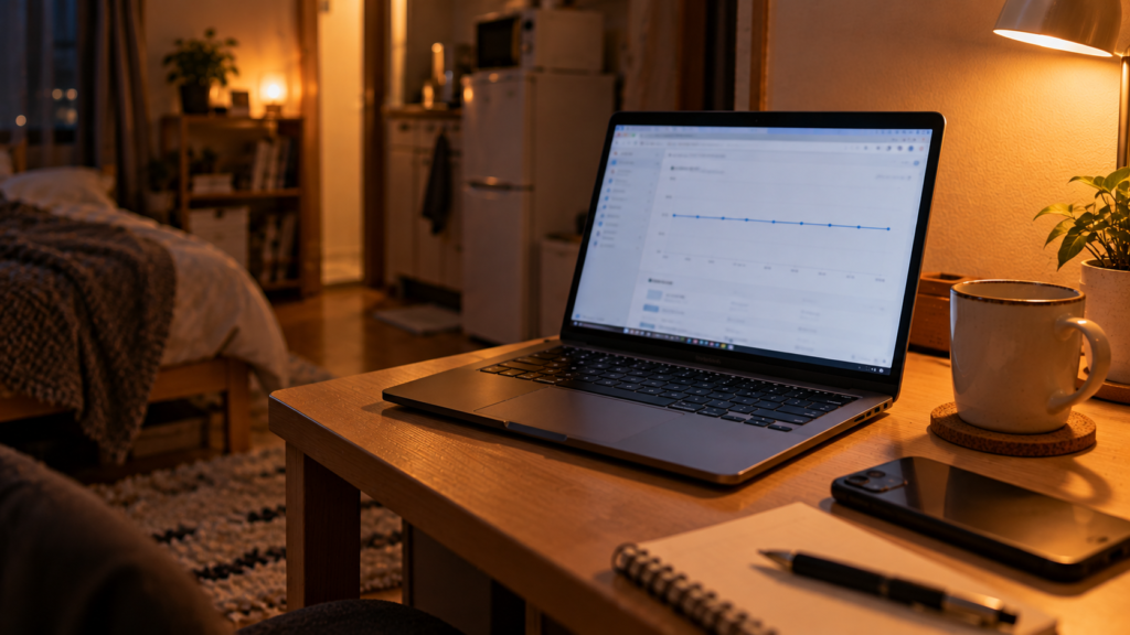 夜の小さなデスクに置かれたノートPCとスマホ、マグカップ