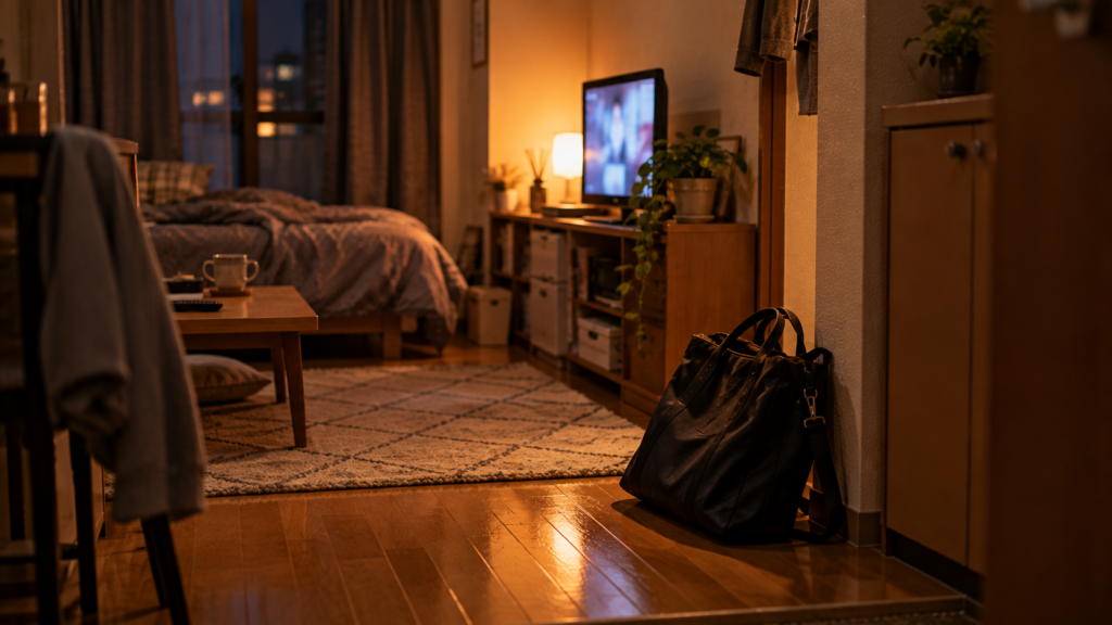 仕事から帰った夜の部屋で、画面が光るテレビ