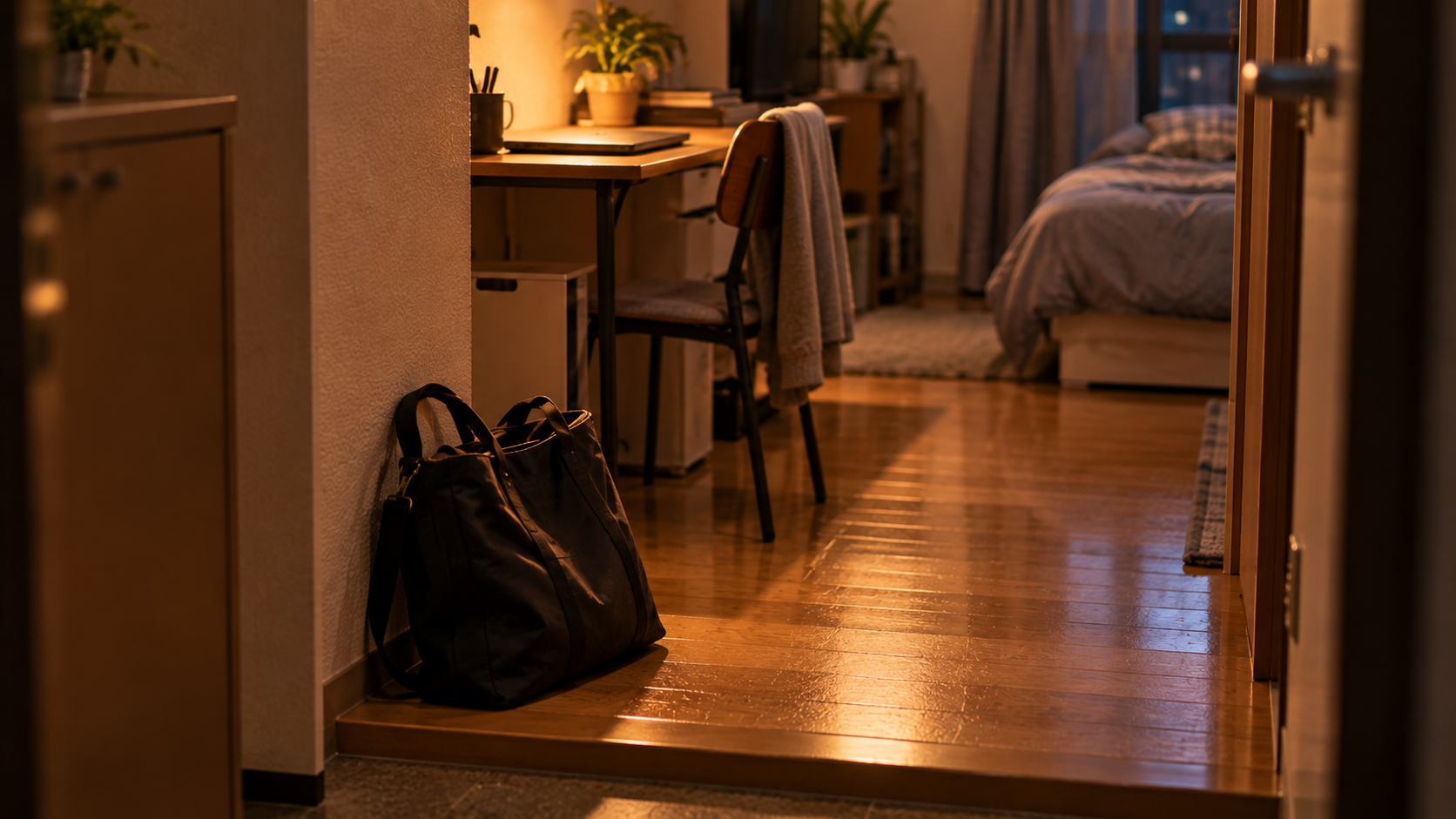 仕事から帰った夜の部屋の床に置かれた仕事用のバッグと、奥の机の上のノートパソコン